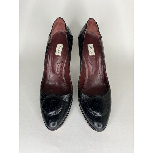 Furla Black Leather Croc Embossed Platform High Heels Women Sz 40EU/9.5M US - Picture 12 of 13